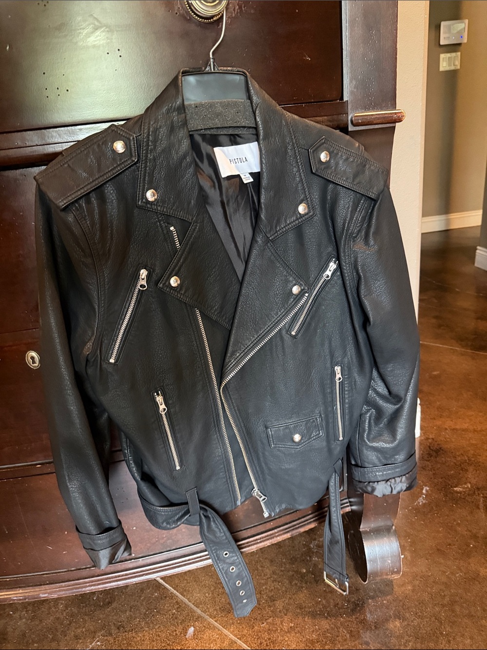 pistola Black Leather Bomber-Style Moto Jacket with Silver Hardware